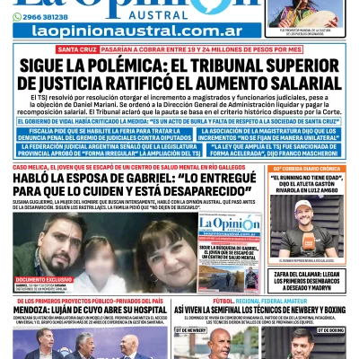 Tapa del Diario La Opinión Austral edición impresa del viernes 16 de enero de 2026, Río Gallegos, Santa Cruz, Argentina