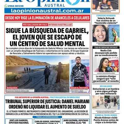 Tapa del Diario La Opinión Austral edición impresa del jueves 15 de enero de 2026, Río Gallegos, Santa Cruz, Argentina
