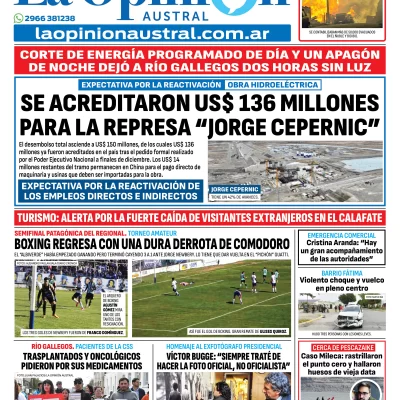 Tapa del Diario La Opinión Austral edición impresa del lunes 19 de enero de 2026, Río Gallegos, Santa Cruz, Argentina