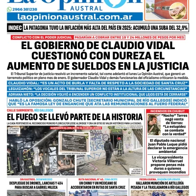 Tapa del Diario La Opinión Austral edición impresa del miércoles 14 de enero de 2026, Río Gallegos, Santa Cruz, Argentina