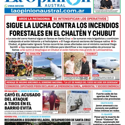 Tapa del Diario La Opinión Austral edición impresa del jueves 8 de enero de 2026, Río Gallegos, Santa Cruz, Argentina