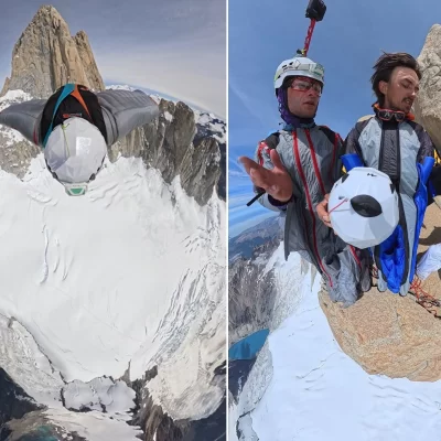 Se tiraron de la cima del Fitz Roy tras escalar por una de las rutas más difíciles: cómo fue el vuelo prohibido sobre El Chaltén