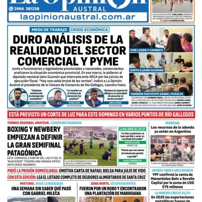 Tapa del Diario La Opinión Austral edición impresa del domingo 18 de enero de 2026, Río Gallegos, Santa Cruz, Argentina