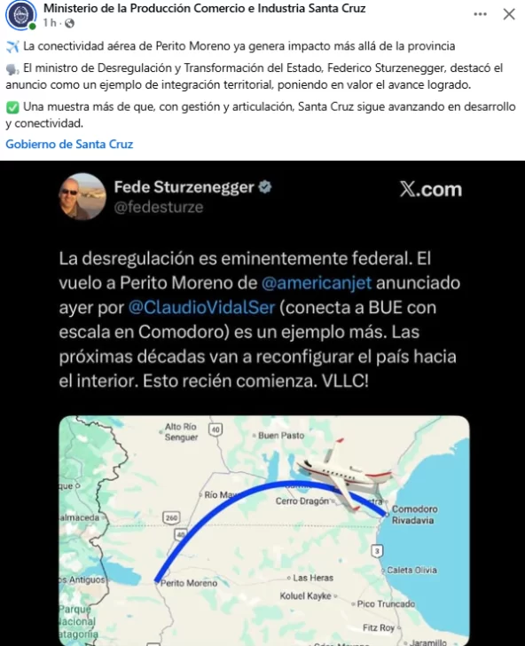 Sturzenegger destacó la nueva conexión aérea entre Perito Moreno y Buenos Aires: “Esto recién comienza”
