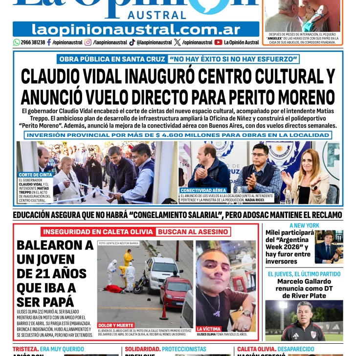 Tapa del Diario La Opinión Austral edición impresa del martes 24 de febrero de 2026, Río Gallegos, Santa Cruz, Argentina Tapa del Diario La Opinión Austral edición impresa del martes 24 de febrero de 2026, Río Gallegos, Santa Cruz, Argentina