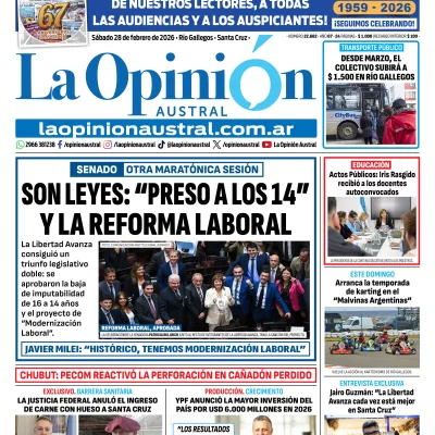 Tapa del Diario La Opinión Austral edición impresa del sábado 28 de febrero de 2026, Río Gallegos, Santa Cruz, Argentina