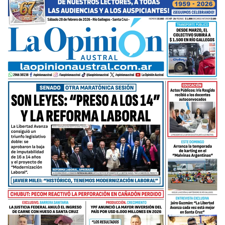 Tapa del Diario La Opinión Austral edición impresa del sábado 28 de febrero de 2026, Río Gallegos, Santa Cruz, Argentina Tapa del Diario La Opinión Austral edición impresa del sábado 28 de febrero de 2026, Río Gallegos, Santa Cruz, Argentina