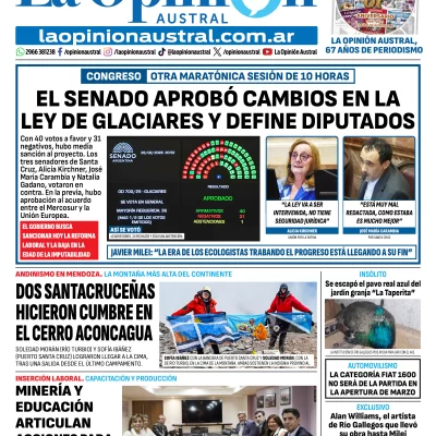 Tapa del Diario La Opinión Austral edición impresa del viernes 27 de febrero de 2026, Río Gallegos, Santa Cruz, Argentina