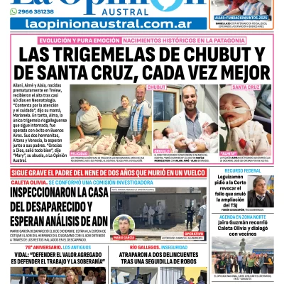 Tapa del Diario La Opinión Austral edición impresa del viernes 6 de enero de 2026, Río Gallegos, Santa Cruz, Argentina