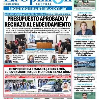 Tapa del Diario La Opinión Austral edición impresa del jueves 5 de enero de 2026, Río Gallegos, Santa Cruz, Argentina