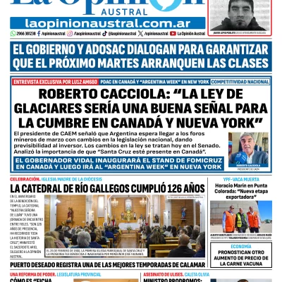 Tapa del Diario La Opinión Austral edición impresa del martes 26 de febrero de 2026, Río Gallegos, Santa Cruz, Argentina