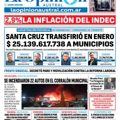Tapa del Diario La Opinión Austral edición impresa del miércoles 11 de febrero de 2026, Río Gallegos, Santa Cruz, Argentina