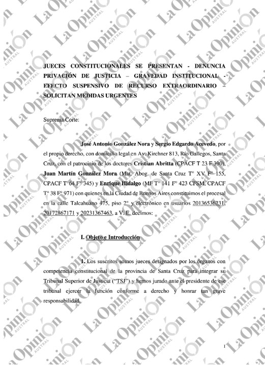  La primera foja del escrito al que tuvo acceso La Opinión Austral.