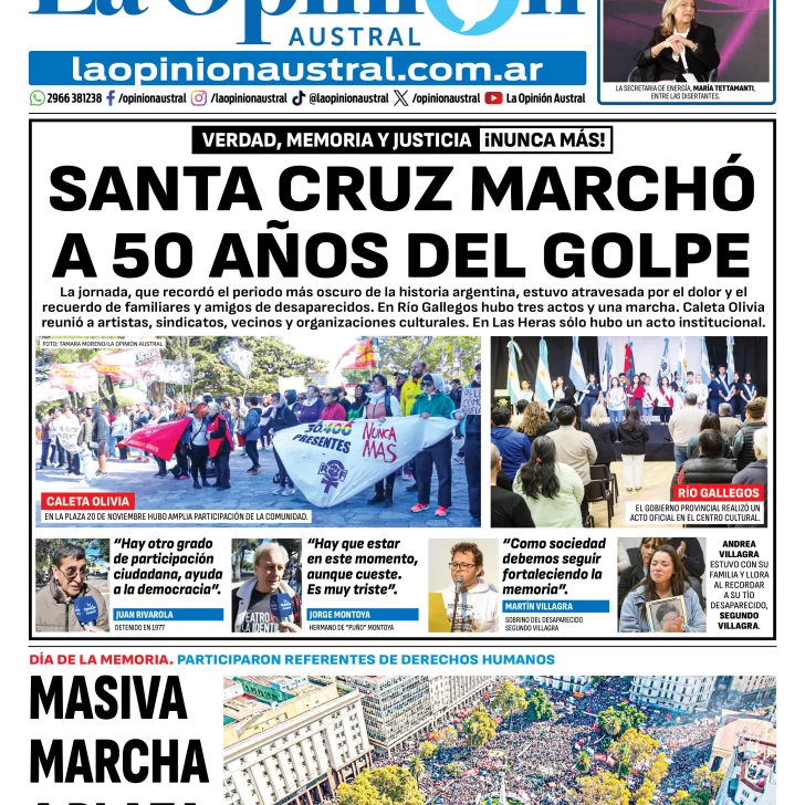 Tapa del Diario La Opinión Austral edición impresa del miércoles 25 de marzo de 2026, Río Gallegos, Santa Cruz, Argentina Tapa del Diario La Opinión Austral edición impresa del miércoles 25 de marzo de 2026, Río Gallegos, Santa Cruz, Argentina