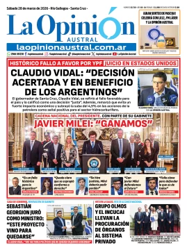 Tapa del Diario La Opinión Austral edición impresa del sábado 28 de marzo de 2026, Río Gallegos, Santa Cruz, Argentina Tapa del Diario La Opinión Austral edición impresa del sábado 28 de marzo de 2026, Río Gallegos, Santa Cruz, Argentina