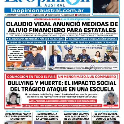 Tapa del Diario La Opinión Austral edición impresa del martes 31 de marzo de 2026, Río Gallegos, Santa Cruz, Argentina Tapa del Diario La Opinión Austral edición impresa del martes 31 de marzo de 2026, Río Gallegos, Santa Cruz, Argentina