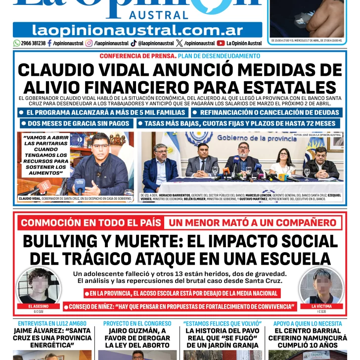 Tapa del Diario La Opinión Austral edición impresa del martes 31 de marzo de 2026, Río Gallegos, Santa Cruz, Argentina Tapa del Diario La Opinión Austral edición impresa del martes 31 de marzo de 2026, Río Gallegos, Santa Cruz, Argentina