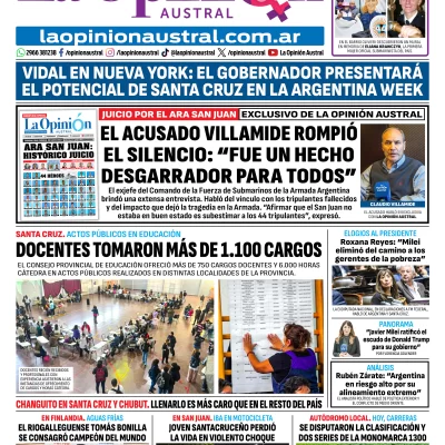 Tapa del Diario La Opinión Austral edición impresa del domingo 8 de marzo de 2026, Río Gallegos, Santa Cruz, Argentina