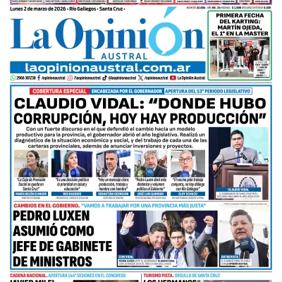 Tapa del Diario La Opinión Austral edición impresa del lunes 2 de marzo de 2026, Río Gallegos, Santa Cruz, Argentina