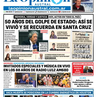 Tapa del Diario La Opinión Austral edición impresa del martes 24 de marzo de 2026, Río Gallegos, Santa Cruz, Argentina