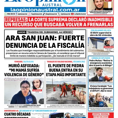 Tapa del Diario La Opinión Austral edición impresa del sábado 14 de marzo de 2026, Río Gallegos, Santa Cruz, Argentina