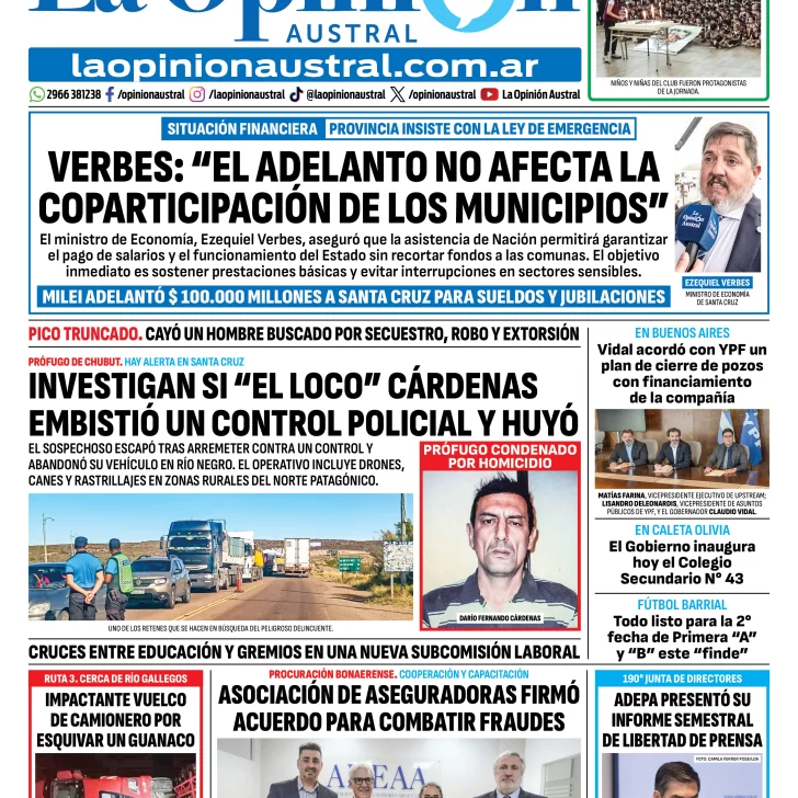Tapa del Diario La Opinión Austral edición impresa del viernes 20 de marzo de 2026, Río Gallegos, Santa Cruz, Argentina Tapa del Diario La Opinión Austral edición impresa del viernes 20 de marzo de 2026, Río Gallegos, Santa Cruz, Argentina