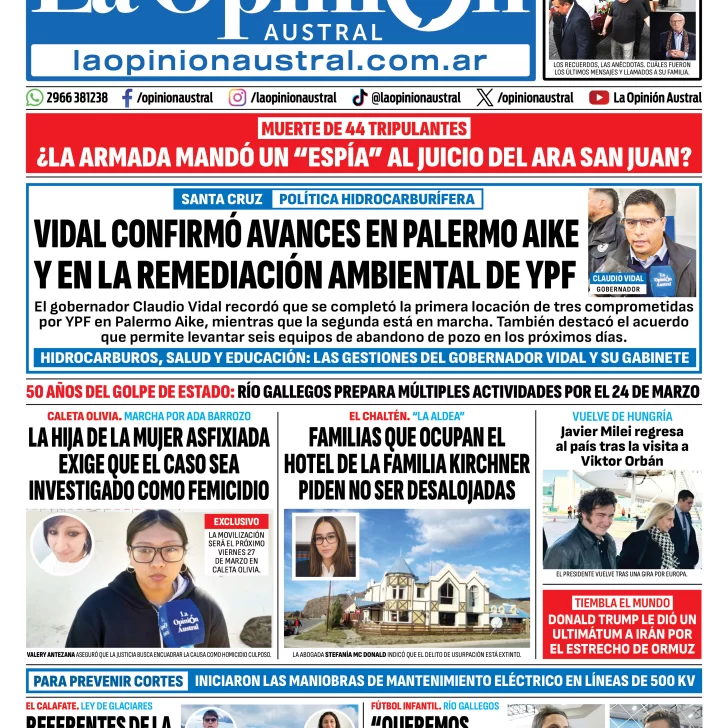 Tapa del Diario La Opinión Austral edición impresa del domingo 22 de marzo de 2026, Río Gallegos, Santa Cruz, Argentina Tapa del Diario La Opinión Austral edición impresa del domingo 22 de marzo de 2026, Río Gallegos, Santa Cruz, Argentina