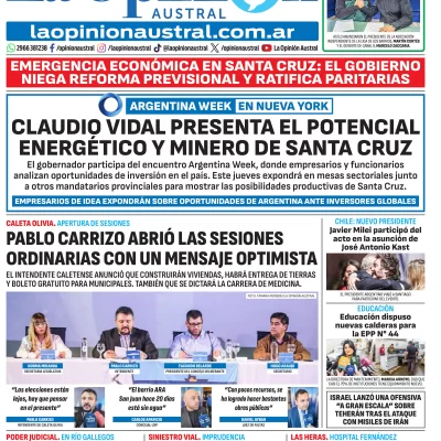 Tapa del Diario La Opinión Austral edición impresa del jueves 12 de marzo de 2026, Río Gallegos, Santa Cruz, Argentina