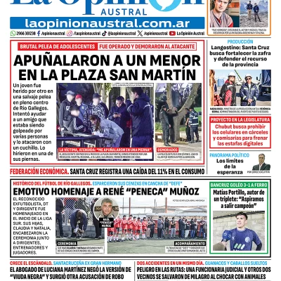Tapa del Diario La Opinión Austral edición impresa del lunes 16 de marzo de 2026, Río Gallegos, Santa Cruz, Argentina