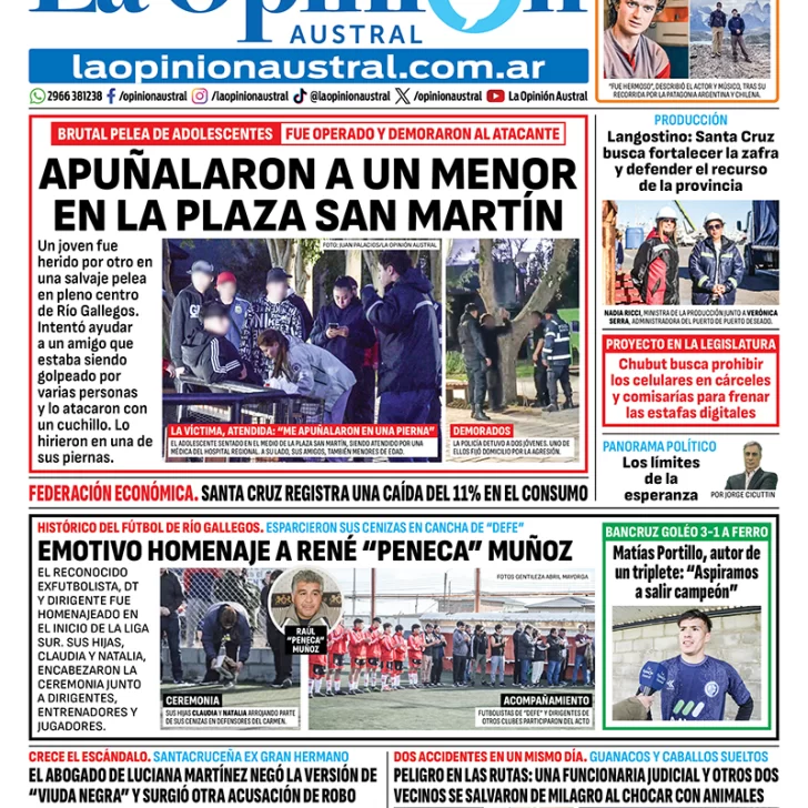 Tapa del Diario La Opinión Austral edición impresa del lunes 16 de marzo de 2026, Río Gallegos, Santa Cruz, Argentina Tapa del Diario La Opinión Austral edición impresa del lunes 16 de marzo de 2026, Río Gallegos, Santa Cruz, Argentina