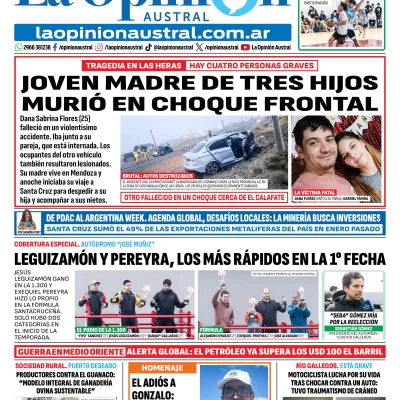 Tapa del Diario La Opinión Austral edición impresa del lunes 9 de marzo de 2026, Río Gallegos, Santa Cruz, Argentina