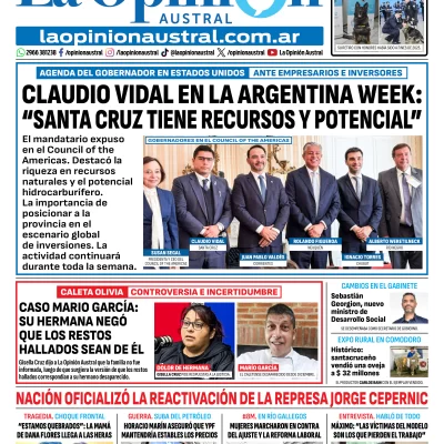Tapa del Diario La Opinión Austral edición impresa del martes 10 de marzo de 2026, Río Gallegos, Santa Cruz, Argentina