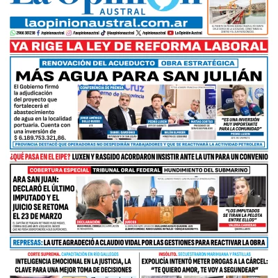 Tapa del Diario La Opinión Austral edición impresa del sábado 7 de marzo de 2026, Río Gallegos, Santa Cruz, Argentina