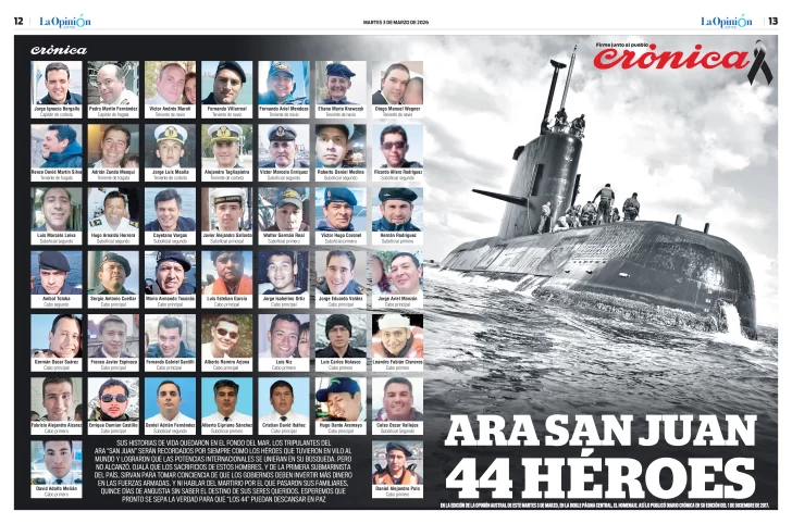 44 HÉROES. En la edición de La Opinión Austral de este martes 3 de marzo, en la doble página central, el homenaje. Así lo publicó diario Crónica en su edición del 1 de diciembre de 2017. 44 HÉROES. En la edición de La Opinión Austral de este martes 3 de marzo, en la doble página central, el homenaje. Así lo publicó diario Crónica en su edición del 1 de diciembre de 2017.