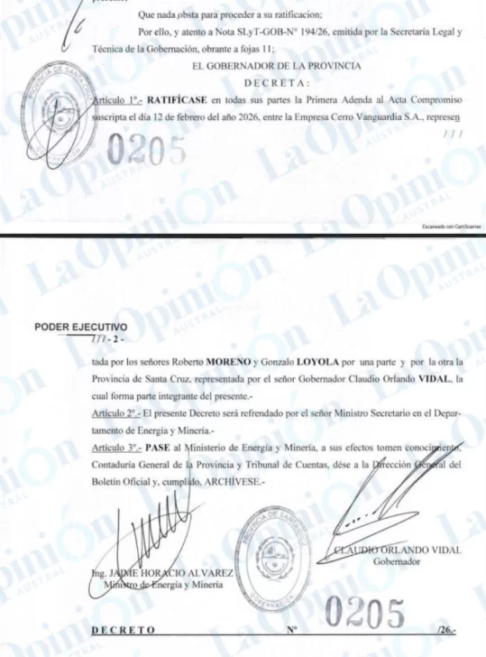  El decreto que ratificó la adenda con las firmas del gobernador Claudio Vidal y el ministro de Energía y Minería, Jaime Álvarez.