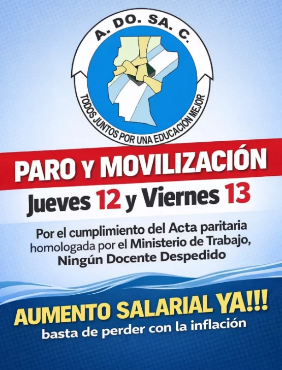 ADOSAC anunció paro docente para este jueves y viernes en Santa Cruz