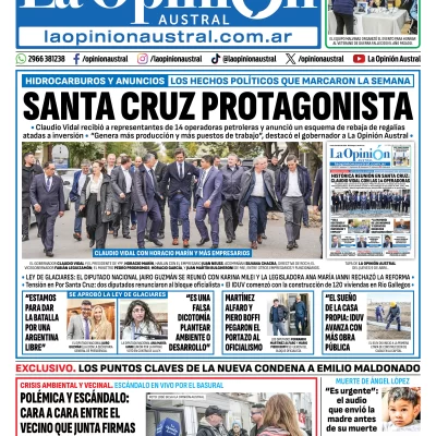 Tapa del Diario La Opinión Austral edición impresa del domingo 12 de abril de 2026, Río Gallegos, Santa Cruz, Argentina