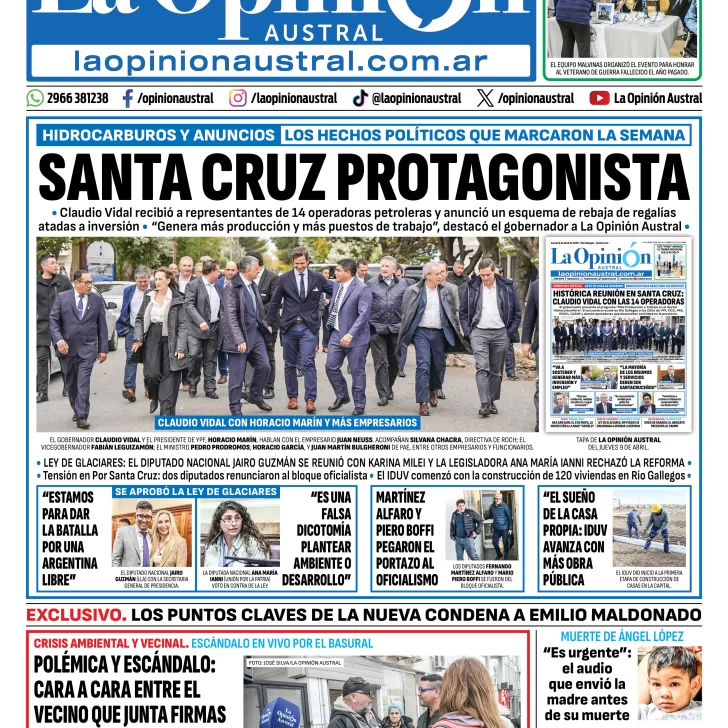 Tapa del Diario La Opinión Austral edición impresa del domingo 12 de abril de 2026, Río Gallegos, Santa Cruz, Argentina Tapa del Diario La Opinión Austral edición impresa del domingo 12 de abril de 2026, Río Gallegos, Santa Cruz, Argentina