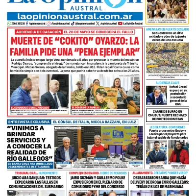 Tapa del Diario La Opinión Austral edición impresa del miércoles 22 de abril de 2026, Río Gallegos, Santa Cruz, Argentina