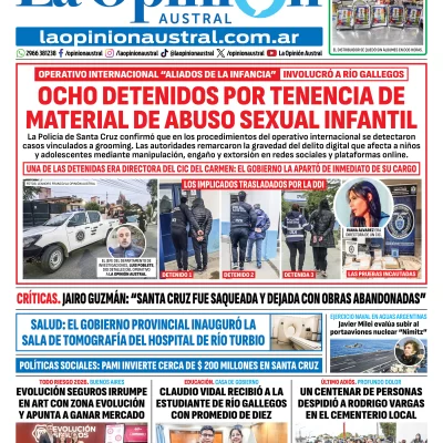 Tapa del Diario La Opinión Austral edición impresa del miércoles 29 de abril de 2026, Río Gallegos, Santa Cruz, Argentina