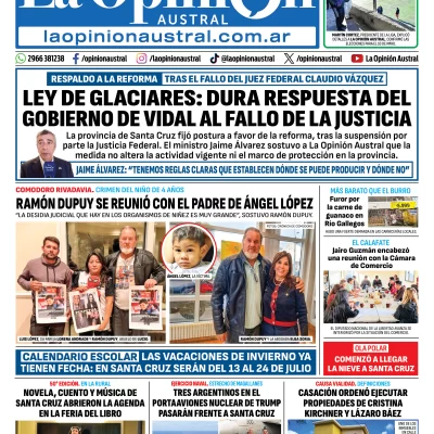 Tapa del Diario La Opinión Austral edición impresa del domingo 26 de abril de 2026, Río Gallegos, Santa Cruz, Argentina