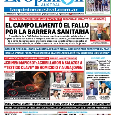 Tapa del Diario La Opinión Austral edición impresa del jueves 23 de abril de 2026, Río Gallegos, Santa Cruz, Argentina