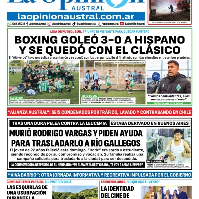 Tapa del Diario La Opinión Austral edición impresa del lunes 27 de abril de 2026, Río Gallegos, Santa Cruz, Argentina