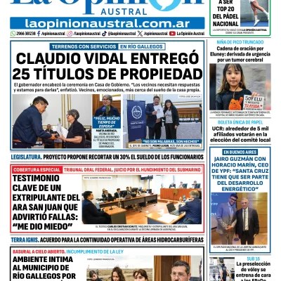 Tapa del Diario La Opinión Austral edición impresa del miércoles 8 de abril de 2026, Río Gallegos, Santa Cruz, Argentina