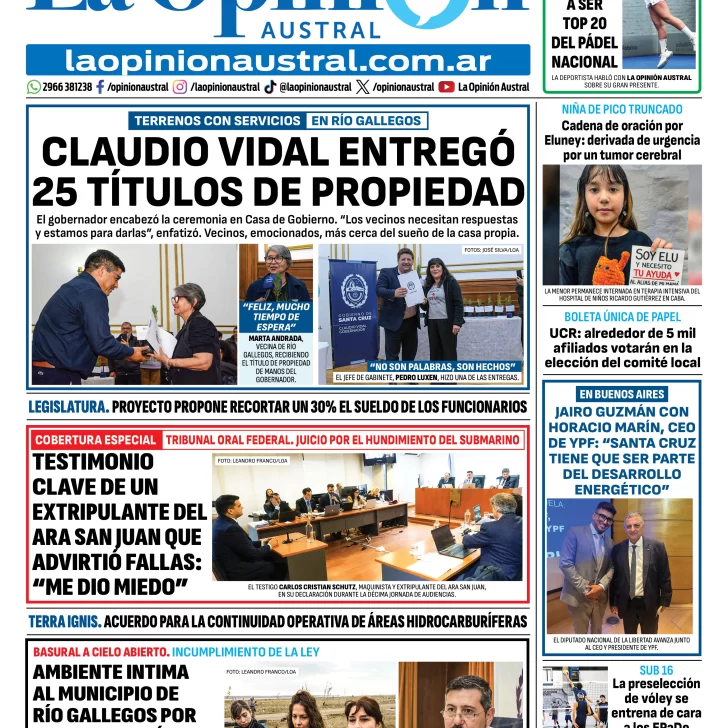 Tapa del Diario La Opinión Austral edición impresa del miércoles 8 de abril de 2026, Río Gallegos, Santa Cruz, Argentina Tapa del Diario La Opinión Austral edición impresa del miércoles 8 de abril de 2026, Río Gallegos, Santa Cruz, Argentina