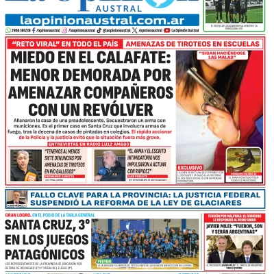Tapa del Diario La Opinión Austral edición impresa del sábado 25 de abril de 2026, Río Gallegos, Santa Cruz, Argentina
