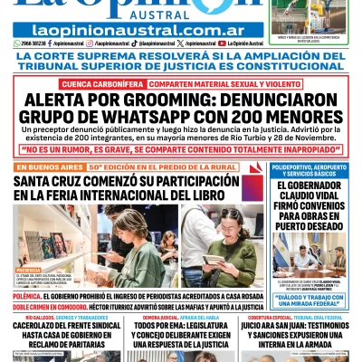 Tapa del Diario La Opinión Austral edición impresa del viernes 24 de abril de 2026, Río Gallegos, Santa Cruz, Argentina