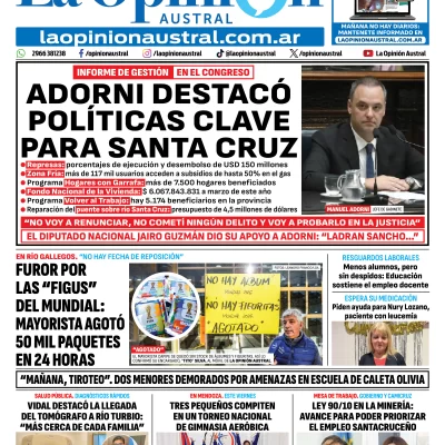 Tapa del Diario La Opinión Austral edición impresa del jueves 30 de abril de 2026, Río Gallegos, Santa Cruz, Argentina