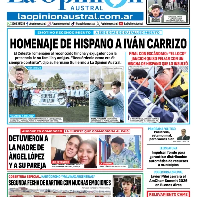 Tapa del Diario La Opinión Austral edición impresa del lunes 13 de abril de 2026, Río Gallegos, Santa Cruz, Argentina