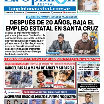 Tapa del Diario La Opinión Austral edición impresa del miércoles 15 de abril de 2026, Río Gallegos, Santa Cruz, Argentina